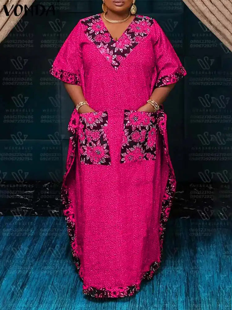 VONDA Fashion Long Dress Women Summer Sundress Bohemian V-Neck Short Sleeve Printed Maxi Dress 2025 Casual Pockets Oversize Robe