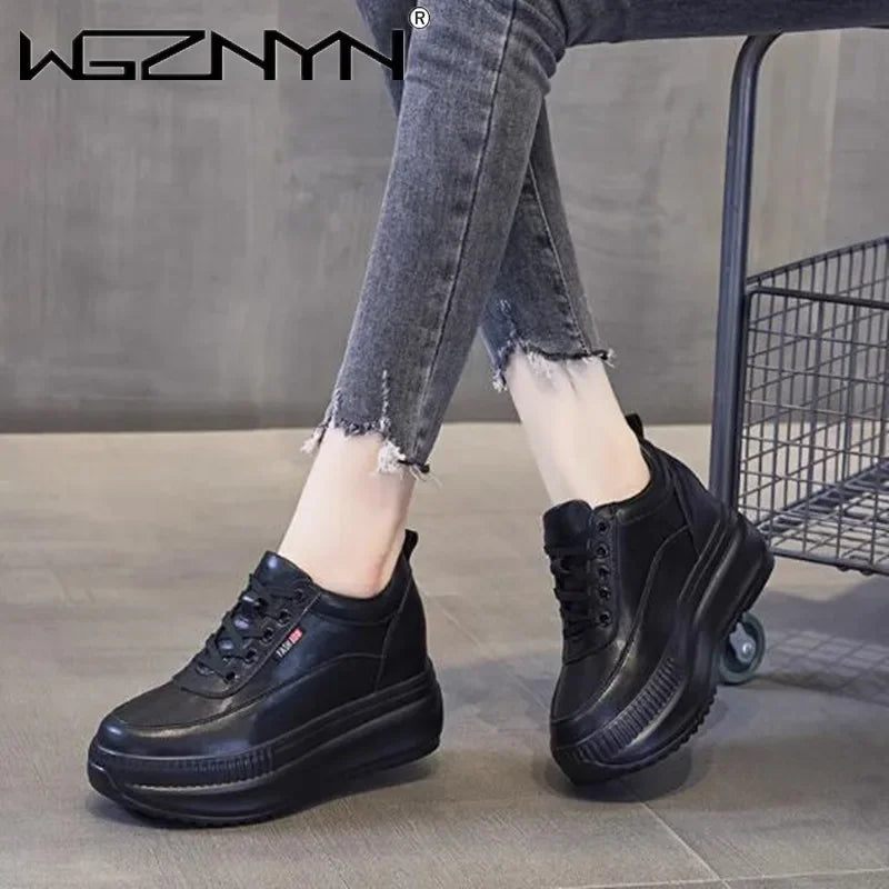 2024 Designer Platform Wedge Female Women 8CM Heels Sneakers Chunky Spring Autumn Shoes Women Genuine Leather Casual Black Shoes