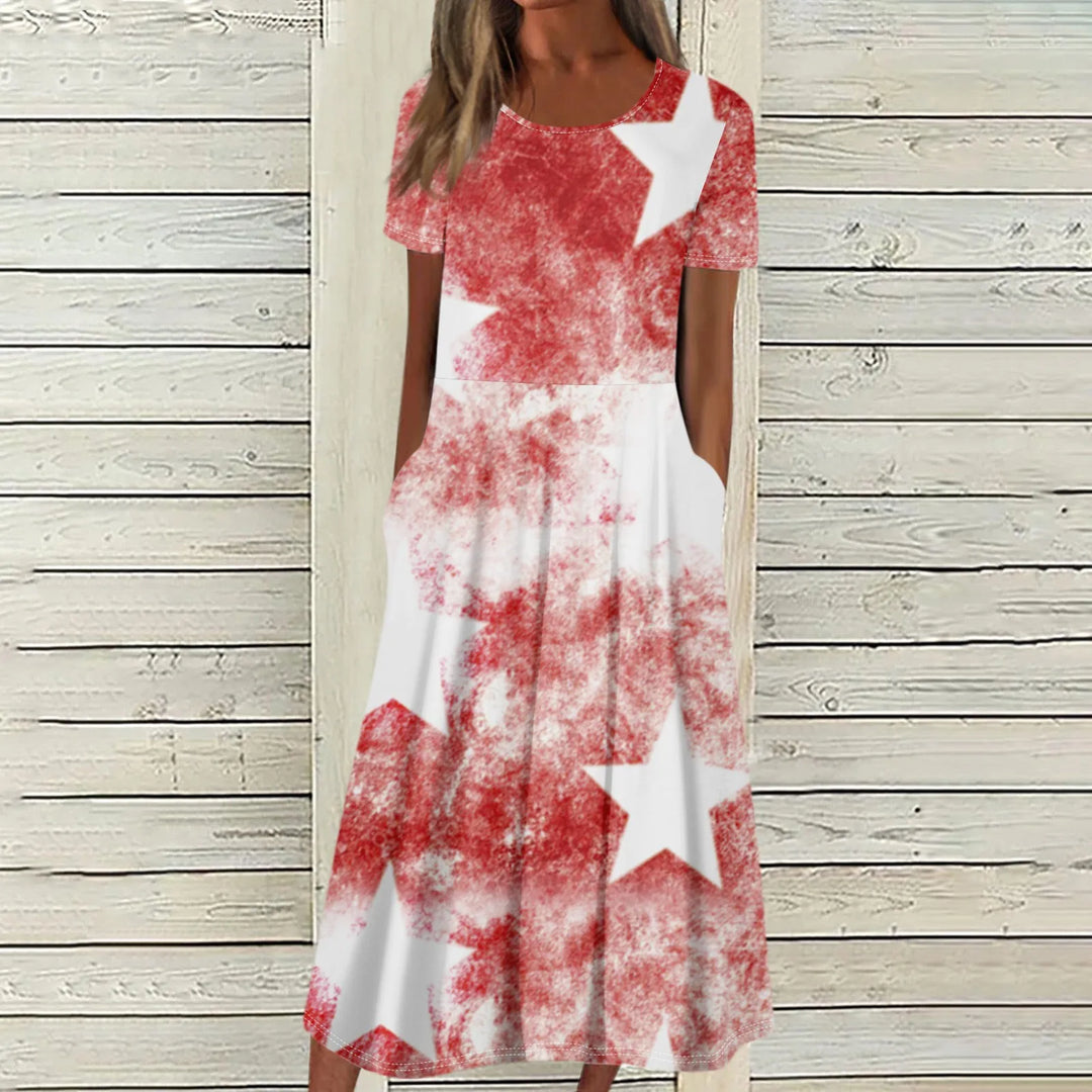 Women's Summer Dresses Casual Fashion Independence Day Printed Dress New Short Sleeved Round Neck Pocket Dress vestidos longos