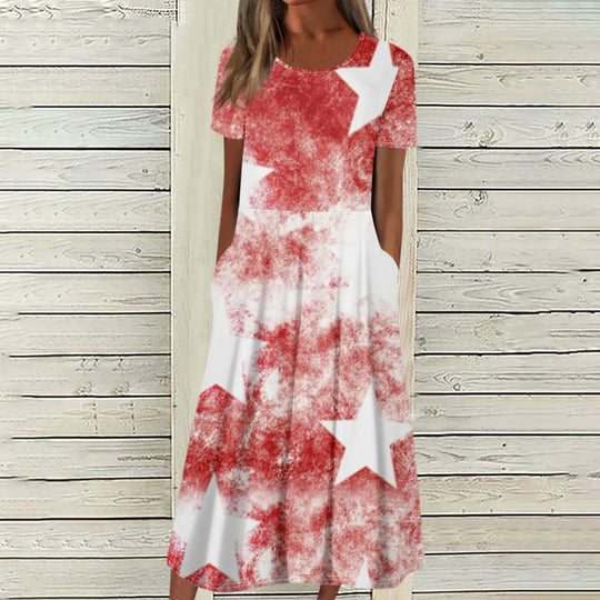 Women's Summer Dresses Casual Fashion Independence Day Printed Dress New Short Sleeved Round Neck Pocket Dress vestidos longos