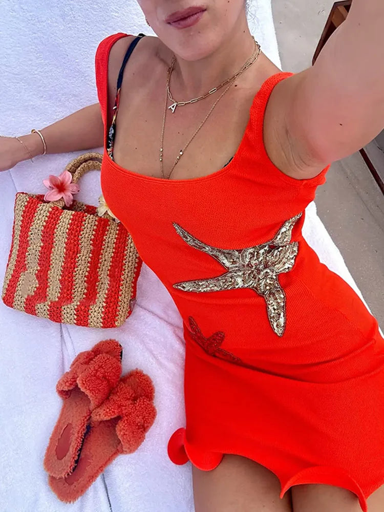 Sexy Orange Sequin Star Decor Mini Dress Women Fashion Backless