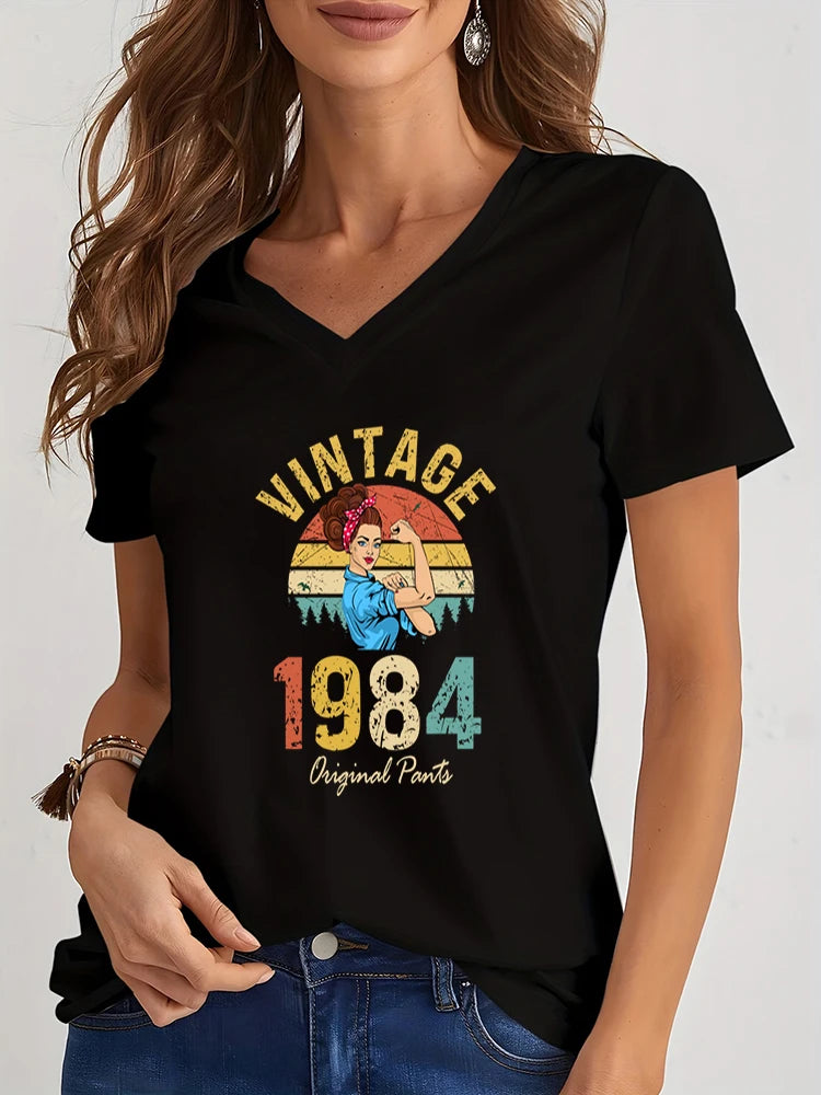 Women T-Shirt 1985 Vintage 1980 to 1989 V-Neck Loose Tops Birthday