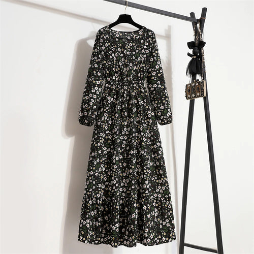 Spring Summer Women Maxi Dresses Casual Full Sleeve Floral Printed