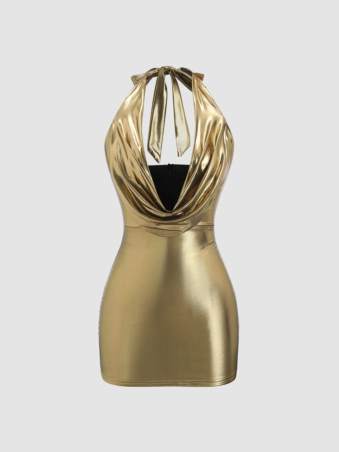 Sexy Solid Golden Party Women Dress Sleeveless V-Neck Halter Neck