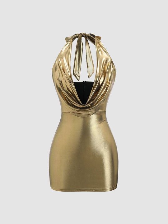 Sexy Solid Golden Party Women Dress Sleeveless V-Neck Halter Neck