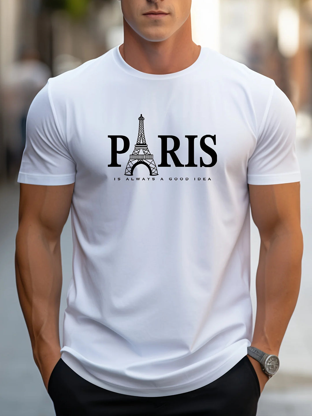 Summer Men's T Shirt Short Sleeve Paris Pattern Print Casual O-Neck