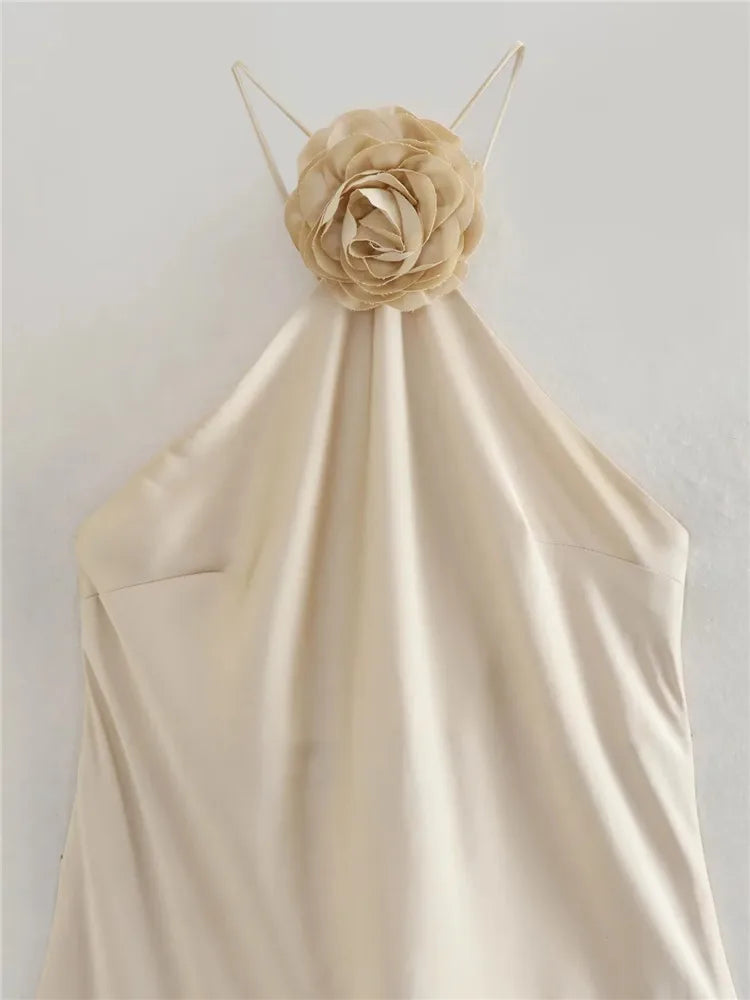 TRAF Flower Halter Dress Woman Off Shoulder Satin Long Dress Women