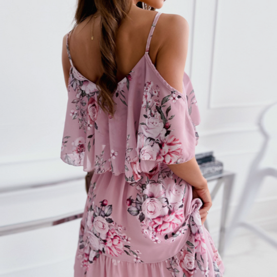 Women Cold Shoulder Ruffle Chiffon Beach Dress.
