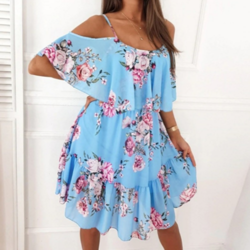Women Cold Shoulder Ruffle Chiffon Beach Dress.