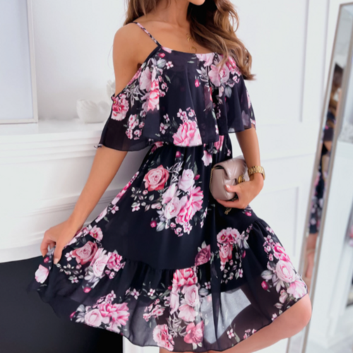Women Cold Shoulder Ruffle Chiffon Beach Dress.