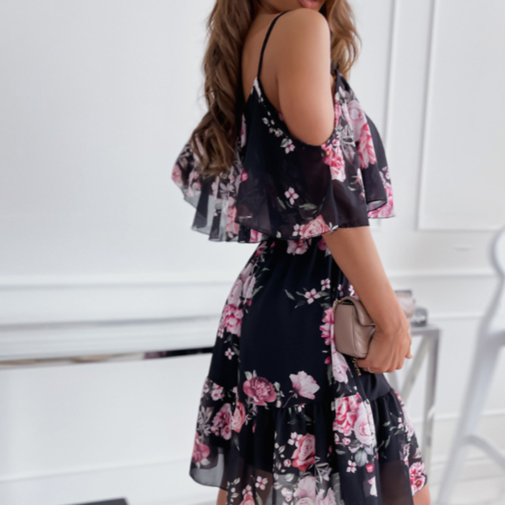 Women Cold Shoulder Ruffle Chiffon Beach Dress.