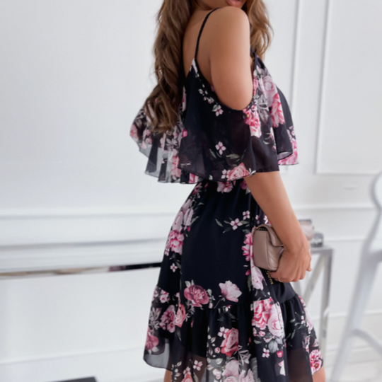 Women Cold Shoulder Ruffle Chiffon Beach Dress.