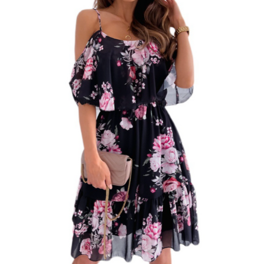 Women Cold Shoulder Ruffle Chiffon Beach Dress.