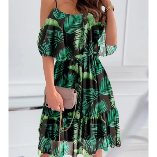 Women Cold Shoulder Ruffle Chiffon Beach Dress.