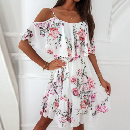 Women Cold Shoulder Ruffle Chiffon Beach Dress.