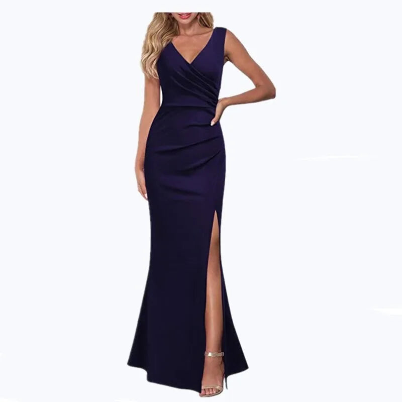 Summer Elegant Women's Sexy Sleeveless Slit Skirt Hot Wedding Long Dress Ladies Sling Backless Strap V-Neck Dress Female