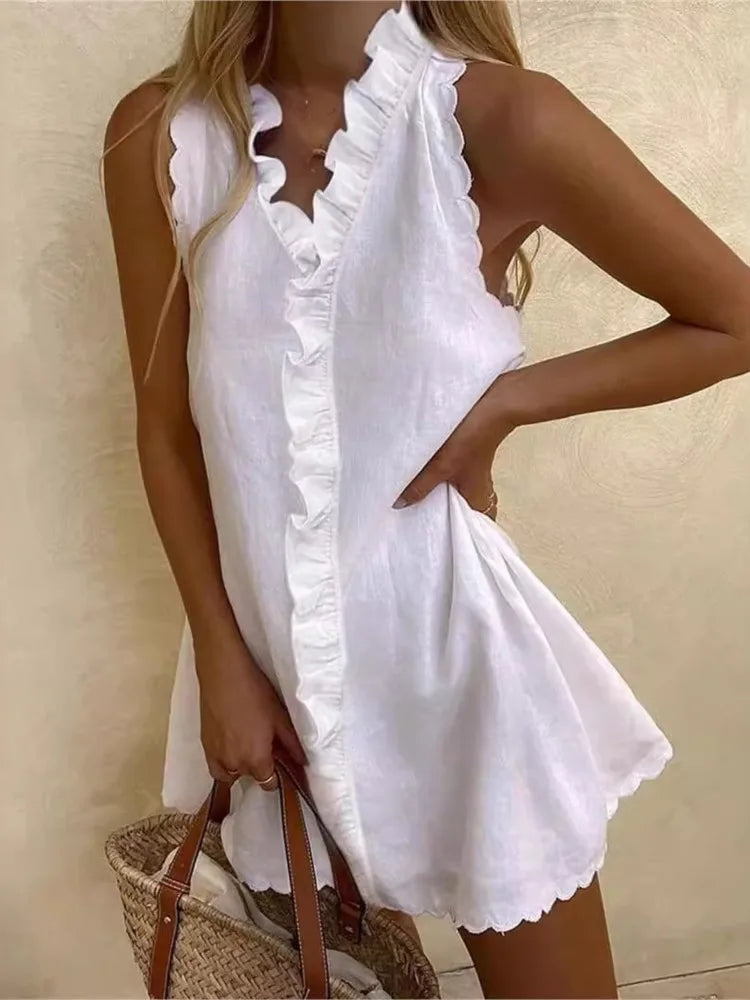 New Women Casual Cotton And Linen White Dress Summer V Neck Ruffles