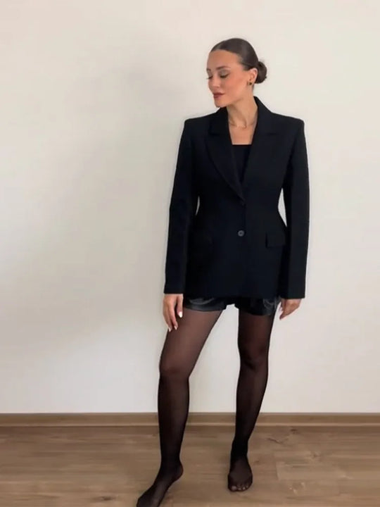 Elegant Shoulder Pad Slim Suit Jackets Women Solid Lapel Long Sleeved