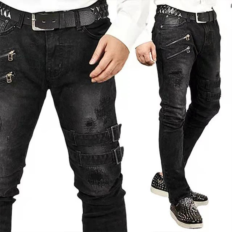 Street Skinny Ripped Jeans Men Denim Cargo Pants Wash Solid Color
