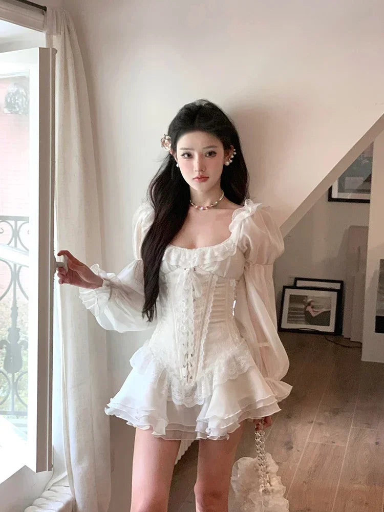 White French Elegant Evening Party Dress Women Casual Sexy Lace Puffed