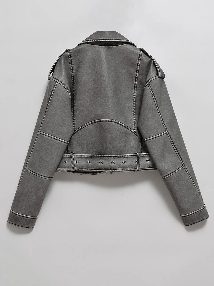 Ailegogo Women Vintage Loose Washed Faux Leather Short Jacket