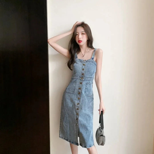 Denim Dress Women 2023 Summer New Retro Casual All-match Denim Slip