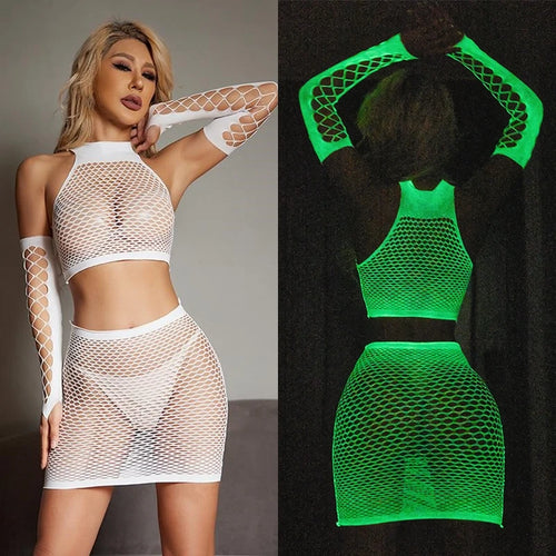 Luminous Fishnet Tights Women Elastic Mesh Open Crotch