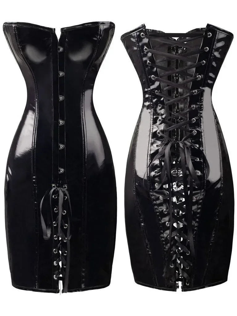 Hot Red Black Body Slim PVC Corset Sexy Club Long Bustier Dress Long