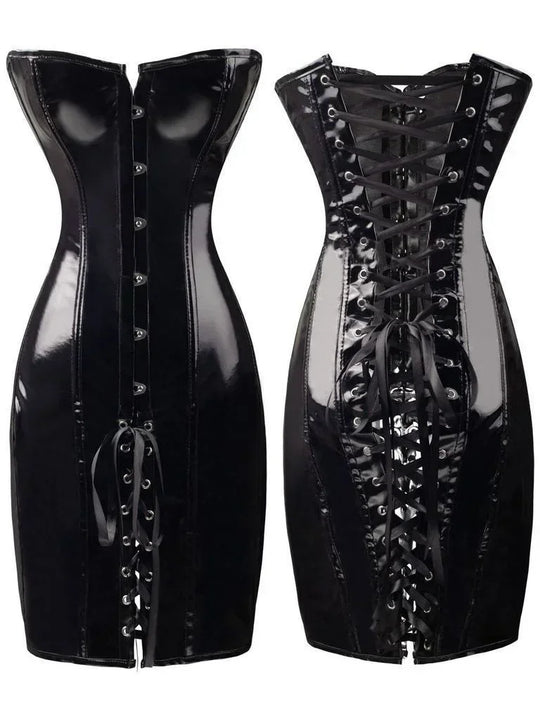 Hot Red Black Body Slim PVC Corset Sexy Club Long Bustier Dress Long