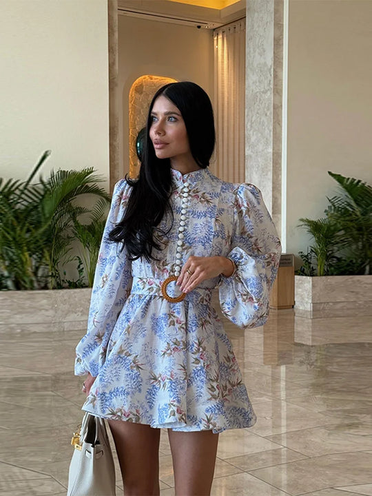 Elegant Women's Printed Dress Long Sleeve O-Neck Button Lady Dresses With Belt Summer Fashion Female Party Short Dress