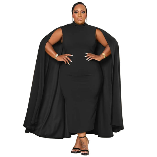 Curvy Women Plus Size Elegant Solid Women Dress Spring Long Cloak Sleeves Bodycon