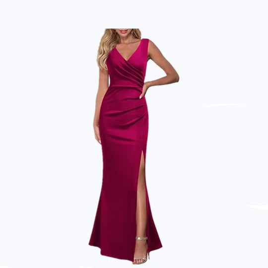 Summer Elegant Women's Sexy Sleeveless Slit Skirt Hot Wedding Long Dress Ladies Sling Backless Strap V-Neck Dress Female