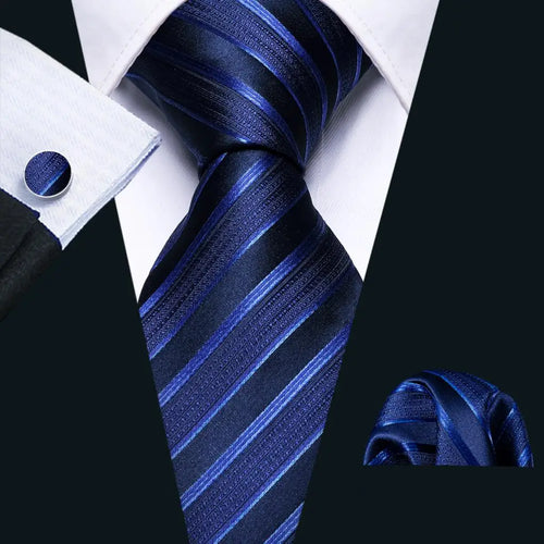 Men Tie Gold Navy Blue Striped Silk Tie 3.4" Jacquard Party