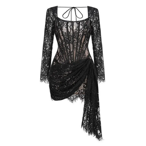Talenza Women's Sexy Lace Dress Solid Color Sheer Patchwork High Waist