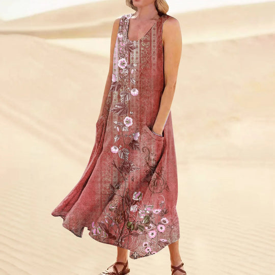 Women's Summer Casual Fashion  Printed Sleeveless Round Neck Pocket Dress