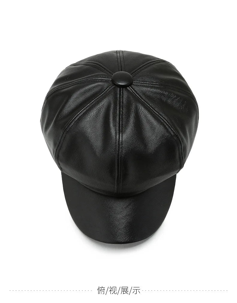Women Men PU Leather Berets Hat Retro British Solid Beret Baseball Cap Outdoor Sun Hat Winter Warm Octagonal Hats Newsboy Caps