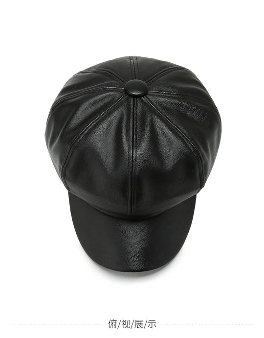 Women Men PU Leather Berets Hat Retro British Solid Beret Baseball Cap Outdoor Sun Hat Winter Warm Octagonal Hats Newsboy Caps