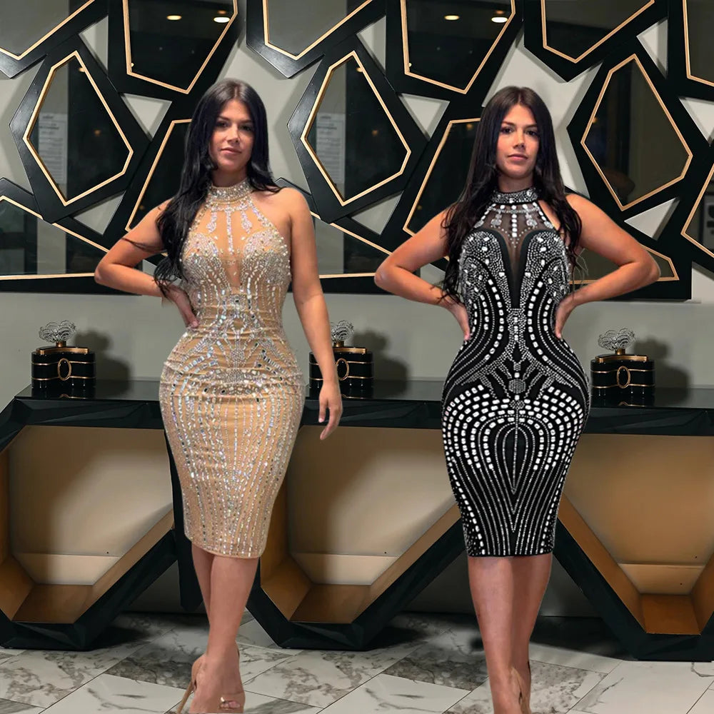Backless Dress Sexy Wrap Buttocks Vestidos Women Party Dresses Sheath Slim Fit Spliced Summer Diamonds Knee Length