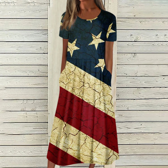 Women's Summer Dresses Casual Fashion Independence Day Printed Dress New Short Sleeved Round Neck Pocket Dress vestidos longos