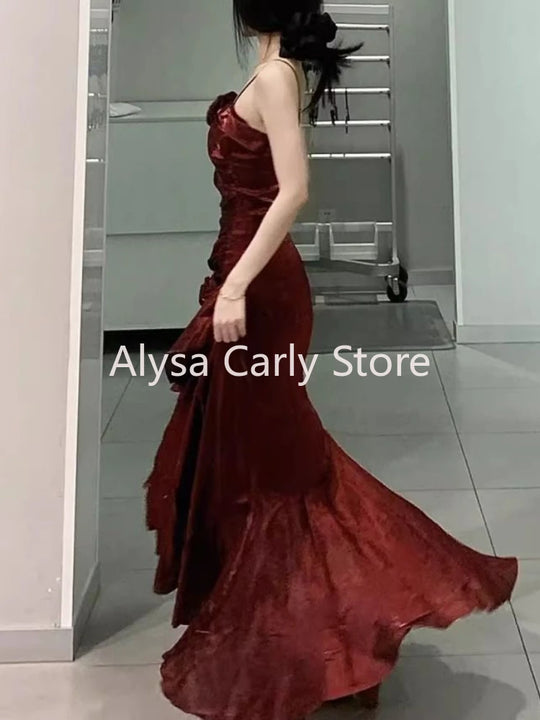 Korean Vintage Velvet Long Dress Women Luxury Slim Mermaid Spaghetti