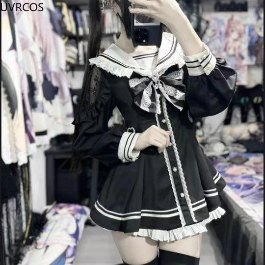 Japanese Style Gothic Y2k Lolita Bow Dress Shorts Set Women Vintage