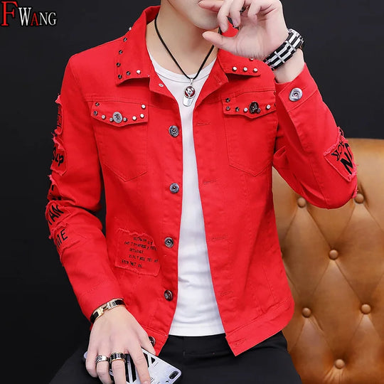 Men's Vintage Denim Jacket High Street Ripped Denim Rivet Street Riding Biker Clothing Handsome Buttoned Lapel Men's Clothing