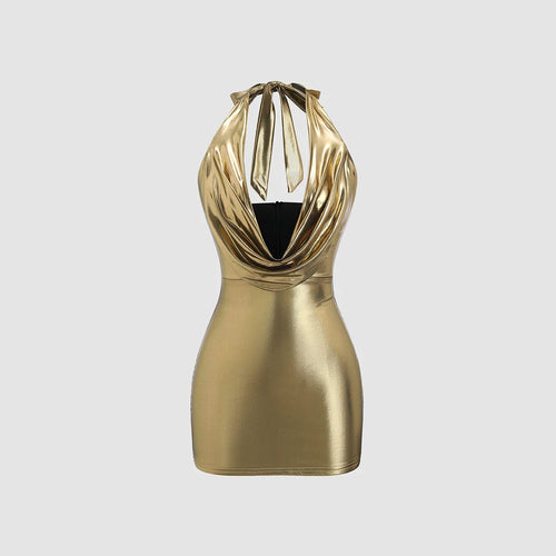 Sexy Solid Golden Party Women Dress Sleeveless V-Neck Halter Neck
