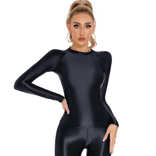 Glossy Shiny Elasitc Long Sleeve Shirt Women Fitness Gym Athletic Yoga Tshirt Tights Hot Sexy Tees Casual Crop Tops Bustier Top