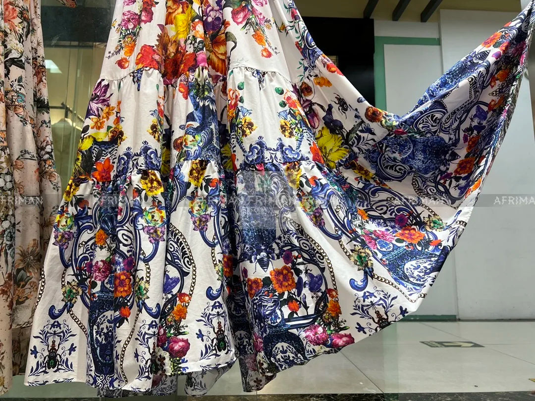 Women V Neck Crystal Beaded Flying Sleeve Retro Flower Print Elastic.