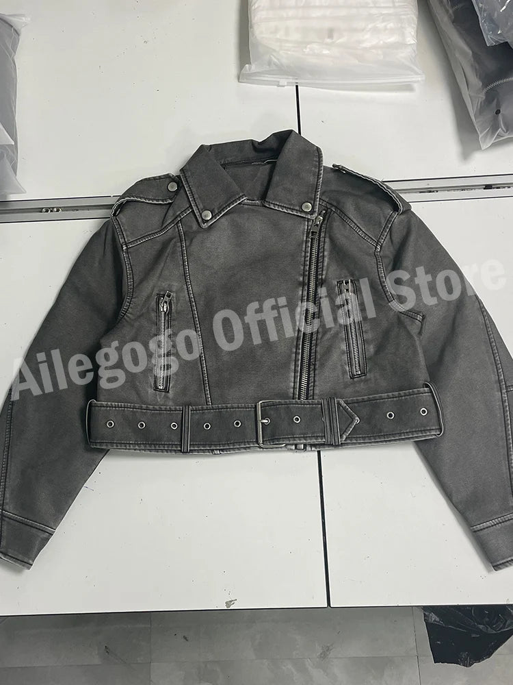 Ailegogo Women Vintage Loose Washed Faux Leather Short Jacket