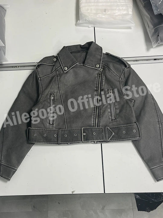 Ailegogo Women Vintage Loose Washed Faux Leather Short Jacket