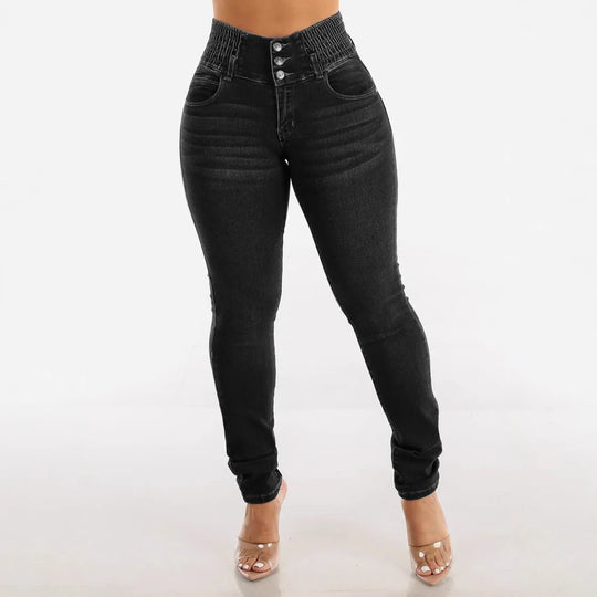 Jeans Pencil Pants Women 2025 Skinny Trousers High Waist Strecth Washed Distressed Pockets Buttons Vintage Denims Streetwear