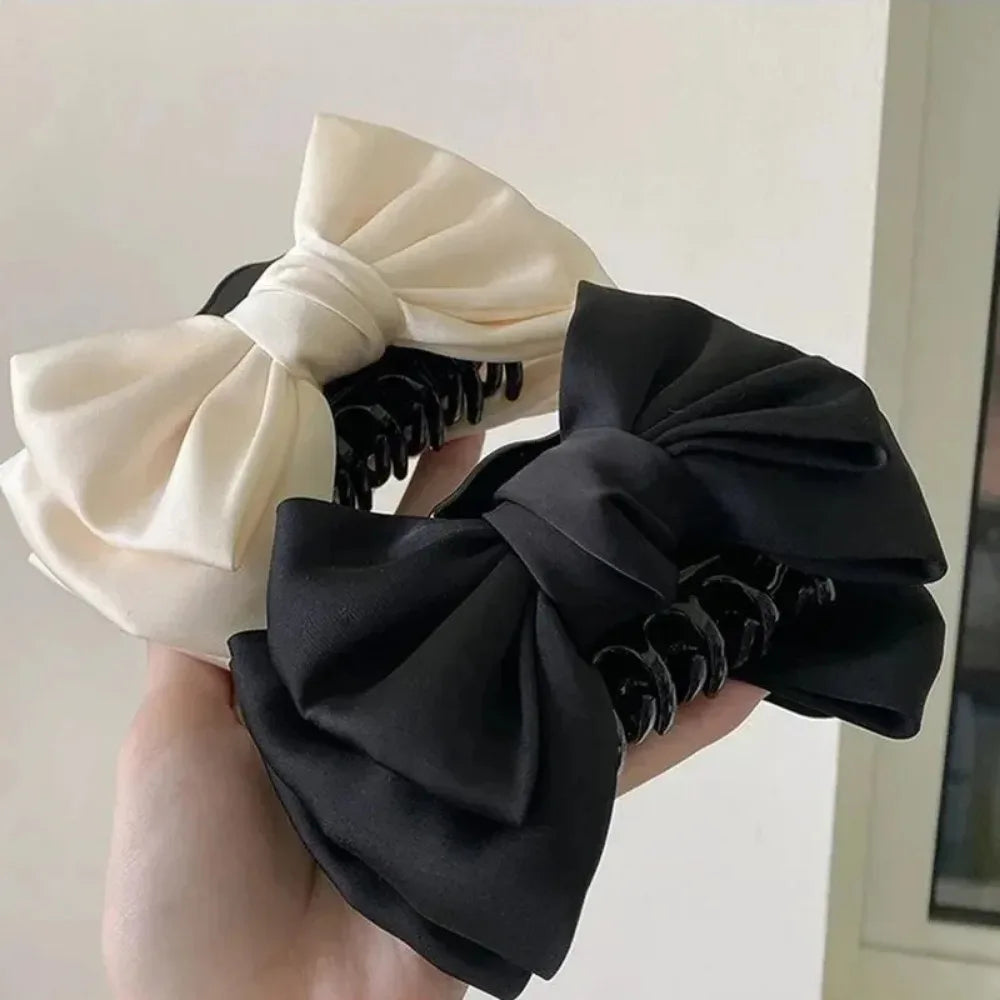 Elegant Women Bow Hair Claw Clips Double-sided Large Satin Shark Hair
