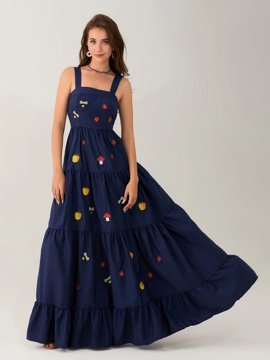 wsevypo Elegant Flower/Strawberry Embroidery Long Flowy Hem Dress